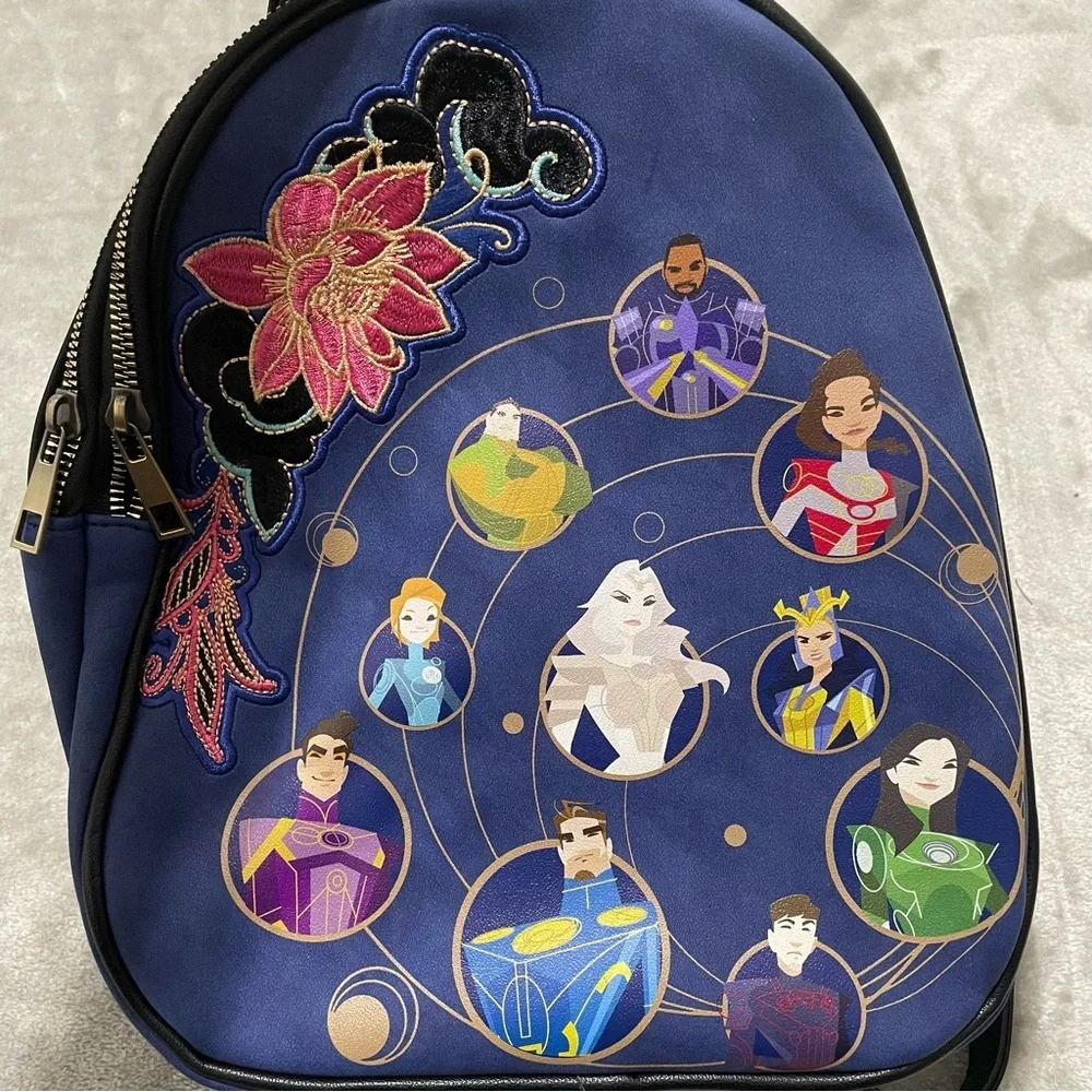 Bioworld Marvel Eternals Cast Convertible Floral Mini Backpack One Strap Blue